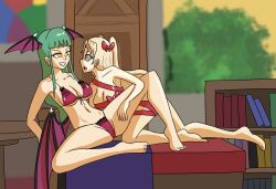 bikini blonde_hair darkstalkers ereshkigal_(fate/grand_order) fate_(series) female_only femdom femsub green_hair long_hair morrigan_aensland mythkaz ribbon spiral_eyes tagme yellow_eyes