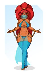  absurdres alternate_costume bare_shoulders blue_lipstick bracelet breasts breath_of_the_wild brown_hair chains cleavage collar earrings elf_ears eyelashes feet female_only gerudo glowing_eyes harem_outfit jewelry large_breasts large_hips long_hair looking_at_viewer minimedjed navel navel_piercing nintendo ponytail red_hair simple_background solo the_legend_of_zelda thick_thighs thighhighs thighs tiptoes toenail_polish urbosa veil white_background 