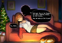 ai_art brown_hair cat christmas christmas_tree couch dazed dialogue empty_eyes english_text femsub happy_trance hellsing002 hellsing002_(generator) maledom sketch skirt smile speech_bubble