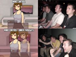  awakening aware bare_shoulders breasts brown_eyes cleavage clothed couch dialogue empty_eyes english_text expressionless femsub large_breasts meme mia_(modification_app) modification_app multiple_boys open_mouth pants red_eyes shirt sitting smile tank_top text tightly_dev video_game 