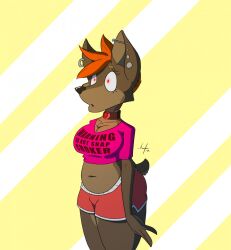 chubby collar crop_top dog_girl female_only femsub furry glowing glowing_eyes hypnofur hypnotic_accessory mohawk navel orange_hair original piercing red_eyes shorts solo standing standing_at_attention tech_control