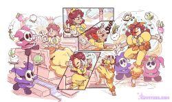  before_and_after brown_hair cavitees corruption crown dress femsub gloves high_heels hypnotic_accessory jester juggling long_hair mask nintendo princess princess_daisy red_hair resisting shyguy signature sitting standing super_mario_bros. text transformation white_background 