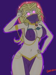  absurdres bare_legs blonde_hair breasts corruption empty_eyes female_only femsub glowing glowing_eyes hand_on_head hand_on_hip harem_outfit jewelry large_breasts loincloth long_hair mai_valentine mask navel necklace nipples orgasm parasite see-through signature simple_background solo usakiki veil yu-gi-oh! 