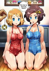 ai_art apron blue_eyes breasts brown_hair cameltoe cleavage collarbone empty_eyes english_text expressionless femsub grace_(pokemon) hair_ornament hellsing002_(generator) kitchen kneeling lipstick maledom milf mother_and_daughter naked_apron nintendo pendulum pokemon pov serena short_hair speech_bubble standing text