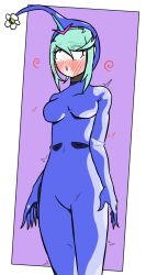 ahoge blue_pikmin blush bodysuit cosplay crossover cyan_eyes cyan_hair flower illumina nintendo pikmin pink_background pneuma_(xenoblade) rubber short_hair shrunken_irises simple_background standing tight_clothing trembling xenoblade_chronicles xenoblade_chronicles_2