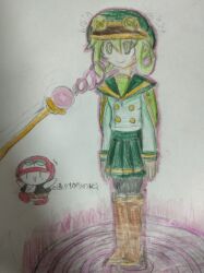 absurdres boots femdom femsub green_eyes green_hair happy_trance hat magic magic_wand original sephy_yorm sketch smile spiral_eyes standing standing_at_attention symbol_in_eyes tobyakafuji traditional