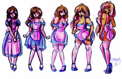 absurdres apron before_and_after bimbofication blonde_hair breast_expansion breasts brown_hair comic dark_skin femsub hair_growth happy_trance high_heels inflation kasumi_tendo large_breasts long_hair naked_apron ponytail ranma_1/2 sketch thighhighs traditional trampy_hime transformation