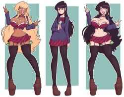  absurdres alternate_color_scheme ass before_and_after bimbofication black_hair blonde_hair brain_drain breast_expansion breasts choker dark_skin double_v garter_straps happy_trance heart_eyes hypnotic_drink komi_can&#039;t_communicate komi_shouko large_ass large_breasts large_hips large_lips midriff navel pink_eyes potion prostitution school_uniform symbol_in_eyes thick_thighs thighhighs transformation v w_arms wrenzephyr2 