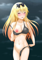 arifureta_shokugyou_de_sekai_saikyou bare_shoulders bikini bikini_bottom bikini_top blonde_hair bow breasts breasts_outside character_request femsub ghost hair_ribbon headband large_breasts looking_at_viewer midriff naughty_face naughty_smile navel nipples possession red_eyes siryupic sweat thighs tongue tongue_out undressing vampire very_long_hair yue_(arifureta)