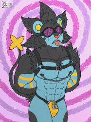  abs artzellier bottomless chastity furry goggles harness luxray male_only malesub muscle_boy nintendo nipple_chains nude pokemon pokemon_(creature) solo spiral_background tongue tongue_out topless 
