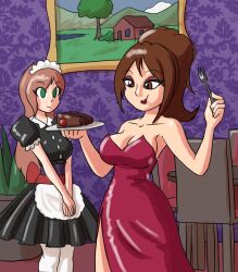  amelia_(mythkaz) brown_eyes brown_hair cake chair complex_background dress empty_eyes eyebrows_visible_through_hair eyeshadow femdom femsub green_eyes leggings maid mythkaz nikki_(gaint93) original plant 