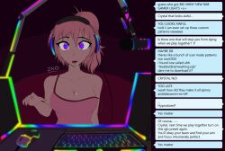  accidental_hypnosis ambiguous_pov breasts cleavage collarbone crystal_(zko) drool femsub headphones manip nail_polish open_mouth original pink_hair pov pov_dom self_hypnosis short_hair spiral_eyes symbol_in_eyes tech_control text tongue user_interface webcam zko 
