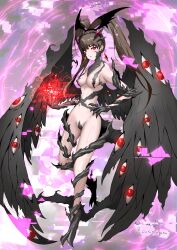  absurdres aged_up alternate_costume bandai_namco breasts brown_hair digimon digimon_xros_wars earrings eye_color_change femsub fusion glowing_eyes hair_ornament jewelry levitation lipstick long_hair makeup nene_amano ponytail possession purple_lipstick red_eyes ring_eyes sawa_d shademon wings 