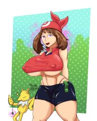 aged_up breasts brown_hair clothed coin condom femsub happy_trance huge_breasts hypno large_breasts mahoumonsterart may nintendo pokemon pokemon_ruby_sapphire_and_emerald purple_eyes tight_clothing unaware underboob