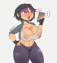 big_hero_6 black_hair bottomless breasts breath cell_phone cleavage disney drool elpeste2 erect_nipples female_only femsub fingerless_gloves gloves gogo_tomago hand_on_hip large_breasts lipstick makeup midriff multicolored_hair navel open_mouth purple_hair short_hair solo standing super_hero tech_control tongue tongue_out