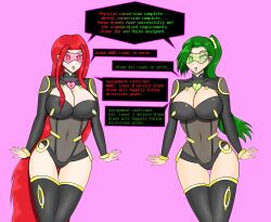  cleavage dialogue drone femsub gradient_text green_eyes green_hair heart heart_eyes large_breasts long_hair nail_polish open_mouth red_eyes red_hair simple_background speech_bubble spiral suit symbol_in_eyes tech_control text thighhighs tied_hair very_long_hair visor 