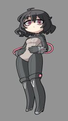  ahoge armedrabbit before_and_after black_hair bodysuit boots chibi cuffs empty_eyes expressionless female_only femsub grey_background high_heels leotard looking_at_viewer original pink_eyes short_hair simple_background solo tubes unhappy_trance 