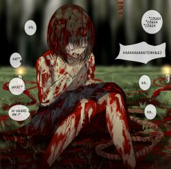 black_hair blood body_swap candle clothed confused dialogue english_text female_only femsub globining original pentagram short_hair solo text