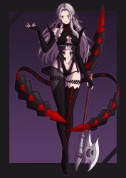  absurdres boots border bracelet breasts corruption edelgard_von_hresvelg eye_color_change eyebrows_visible_through_hair female_only femsub fingerless_gloves fire_emblem fire_emblem_three_houses gloves gradient_background hair_color_change high_heels kronya kronya_outfit long_hair nintendo opera_gloves purple_background signature simple_background smile solo sword underboob victoriamikoto weapon white_hair 