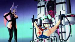 3d angry animal_ears blackoin blonde_hair bodysuit breasts cameltoe cleavage clothed collarbone corruption evil_smile eyebrows_visible_through_hair fate/apocrypha fate/grand_order fate_(series) femsub fox_ears fox_girl fox_tail glasses glowing green_eyes helmet hip_vents jacket jewelry koikatsu! koyanskaya large_breasts long_hair mordred_(fate) necklace pink_hair restrained short_hair short_shorts shorts smile spread_legs tail tattoo tech_control tight_clothing tubes yellow_eyes