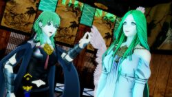  3d bare_shoulders breasts byleth_eisner clothed female_only femdom femsub finger_snap fire_emblem fire_emblem_three_houses green_hair happy_trance large_breasts long_hair nintendo rhea_(fire_emblem_three_houses) smile whateverdude19 whitewash_eyes 