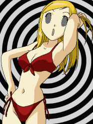bikini blonde_hair breasts cleavage digimon digimon_frontier female_only femsub hypnosex_(manipper) large_breasts long_hair manip open_mouth spiral_eyes swimsuit symbol_in_eyes zoe_orimoto