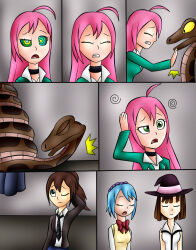  comic failed_hypnosis femdom femsub hypnotic_eyes jerrydestrtoyer kai_(pieman754) kurumu_kurono long_hair moka_akashiya original pink_hair rosario+vampire sleeping snake yukari_sendo 