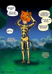  bodysuit bulge cat cat_boy cosplay costume fortnite glowing glowing_eyes halloween male_only malesub nyokaiart pumpkin solo spice_(fortnite) tail white_skin 