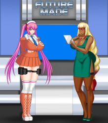 bluebullpen boots braid dark_skin dress femdom femsub green_eyes hair_ribbon high_heels huge_breasts jewelry long_hair multicolored_hair necklace original pink_hair rebecca_lys_(daveyboysmith9) red_eyes sayori_sione_(saymet) short_skirt smile story thighhighs tie tied_hair twintails uniform