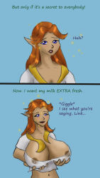  breasts cleavage elf elf_ears female_only femsub happy_trance huge_breasts langtang&#039;s_wife large_breasts link malon nintendo ocarina_of_time red_hair smile text the_legend_of_zelda 