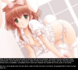 all_fours breasts brown_hair bunny_girl empty_eyes fake_animal_ears femsub large_breasts maledom manip open_clothes text thighhighs
