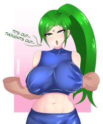  absurdres ahegao bare_shoulders bike_shorts blush breast_grab breasts dialogue eye_roll female_only femsub green_eyes green_hair grey_eyes groping kai_hyouka_(sleepy_kai) kronobas28 long_hair microchip midriff multicolored_eyes navel open_mouth original phantom_hand ponytail sideboob simple_background solo sports_bra standing tech_control text tongue tongue_out white_background 