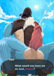  beak bird_boy bottomless breath_of_the_wild cum erection furry handsfree_ejaculation kass_(breath_of_the_wild) kneeling male_only malesub nintendo nude orgasm penis rito saudax solo spiral_eyes symbol_in_eyes text the_legend_of_zelda topless 