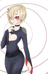 ass blonde_hair choker cleavage_cutout clothed_exposure earrings femsub flat_chest glasses hairpin jewelry koume_shirasaka large_ass large_hips n3k0manc3r open_clothes red_eyes smile solo spiral_eyes symbol_in_eyes the_idolm@ster