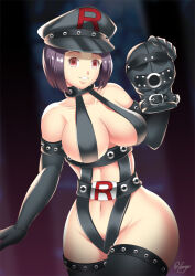 bondage breasts cleavage empty_eyes enemy_conversion erika_(pokemon) gloves hadant happy_trance hat large_breasts latex looking_at_viewer mask midriff nintendo opera_gloves pokemon pokemon_red_green_blue_and_yellow short_hair signature simple_background team_rocket thighhighs