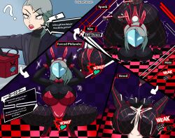  absurdres animal_ears ass aware body_control breasts bunny_ears bunny_girl bunnysuit clothed confused cum cum_in_pussy dialogue english_text fake_animal_ears femsub fishnets grey_hair heterosexual instant_loss long_hair maledom nipples nude orgasm persona_(series) persona_5 possession red_eyes sae_niijima sex shadow_bunny spanking spit_trail squatting text tongue undyingmidnight vaginal 