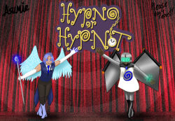 asumie back_and_forth_(weedwhackeraccident) blue_eyes blue_hair female_only femdom magic opera_gloves original pov pov_sub siren spiral_background spiral_eyes staff stage suit text thighhighs visor white_hair wings