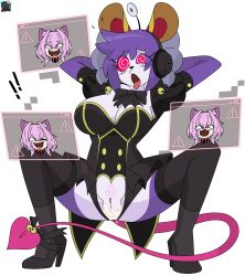 antenna arms_above_head ayuko_(jcroth) bottomless breasts cat_ears cat_girl character_request clothed crotch_tattoo dez_a_sketch dezzy female_only femdom femsub high_heels indeedee large_breasts mouse_girl one_eye_open open_mouth purple_hair pussy pussy_juice simple_background spiralwash_eyes squatting tail tattoo thighhighs thighs tongue tongue_out white_hair wink yu-gi-oh!