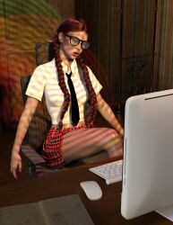  3d absurdres ahoge ass braid computer crossed_legs dazed empty_eyes female_only femsub glasses grace_(scarecrow98) long_hair member9 night_shift open_mouth red_hair school_uniform sitting skirt solo tech_control twin_braids twintails unaware 