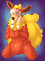 androgynous carnival-tricks costume diaper flareon fox_boy furry happy_trance kneeling male_only malesub nintendo pokemon ring_eyes solo tongue tongue_out twintails