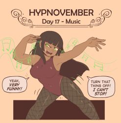 black_hair body_control dancer dancing dark_skin dialogue femsub fishnets glowing_eyes green_eyes hypnotic_music hypnovember leotard long_hair mary_mavys_(pstash) open_mouth original pstash speech_bubble sweat