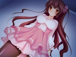  blush breasts brown_hair dress empty_eyes expressionless femsub large_breasts maiyoku_dead_saimin orange_eyes pantyhose simple_background skirt standing standing_at_attention thighhighs twintails very_long_hair 