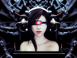  3d black_hair brain_drain cables corruption drool esccc female_only femsub final_fantasy final_fantasy_vii long_hair nude restrained solo text tifa_lockhart tongue tongue_out visor wires wufan870203 
