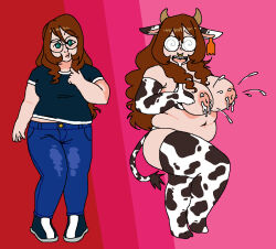 animal_ears before_and_after blush bra breast_grab brown_hair chubby clothed confused cow_girl cow_print drool eyebrows_visible_through_hair female_only femsub glasses gloves green_eyes happy_trance horns large_breasts lingerie long_hair looking_at_viewer milk navel nipples nose_ring open_clothes open_mouth opera_gloves original pants sarah_succubus shirt simple_background smile solo tail thighhighs thong transformation