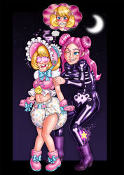 age_regression blonde_hair blush bodysuit bow diaper drool femdom femsub glowing glowing_eyes halloween jamjarmonster latex magic_wand original pacifier pink_eyes pink_hair short_hair spiral_eyes symbol_in_eyes thought_bubble unhappy_trance
