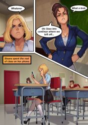 ai_art blonde_hair blue_eyes brown_hair classroom comic femdom femsub green_eyes hair_buns high_heels pantyhose sculptortusk short_hair skirt socks tagme