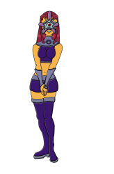 alien alien_girl boots dc_comics female_only femsub feralroku happy_trance long_hair midriff red_eyes red_hair simple_background smile solo starfire starro super_hero teen_titans thigh_boots white_background