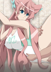  armpits bare_shoulders blue_eyes breasts censored cleavage clothed clothed_sex empty_eyes erect_nipples expressionless femsub hair_ornament isiyama_kosuke large_breasts long_hair maledom maria_cadenzavna_eve one-piece_swimsuit penis pink_hair pussy senki_zesshou_symphogear sex swimsuit vaginal 