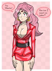 belt black_clover cleavage clothed collarbone earrings english_text female_only femsub forced_employee hy2300 jacket office_lady pink_hair red_eyes shrunken_irises sideboob skirt smile speech_bubble standing standing_at_attention tech_control text vanessa_enoteca