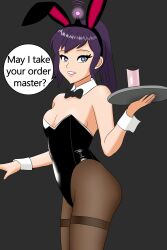  absurdres antenna ass bare_shoulders black_hair bow bow_tie breasts bunny_ears bunny_girl bunnysuit clefla cuffs dialogue fake_animal_ears female_only femsub happy_trance heart_eyes long_hair looking_at_viewer original ponytail smile solo symbol_in_eyes tech_control text tights tray waitress 